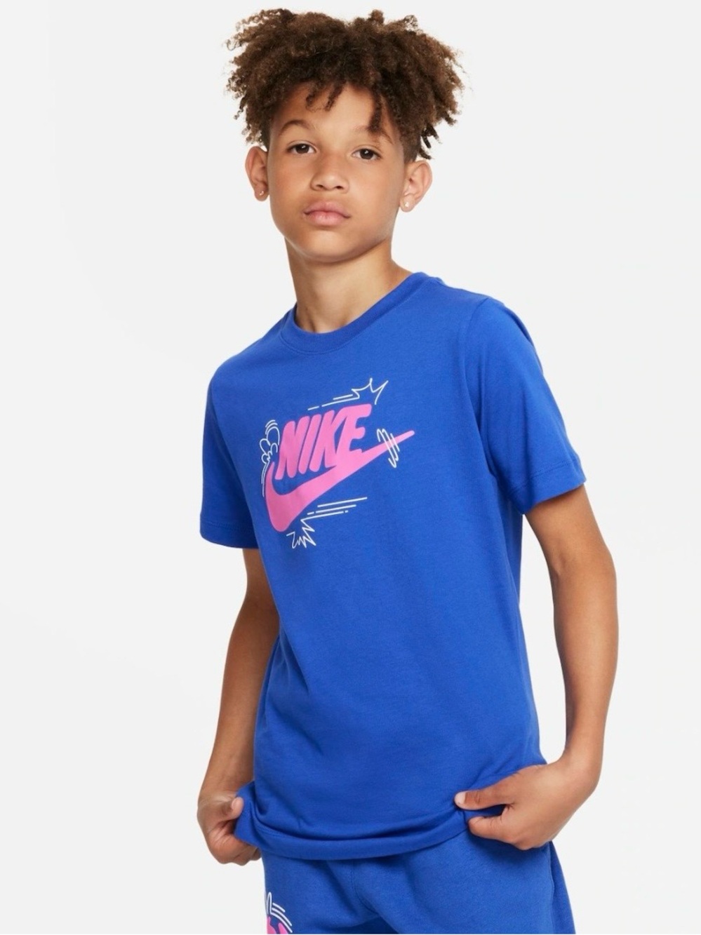 Nike Sportswear Boys Blue T-Shirt Pink Comic Swoosh Logo Size M 10-12